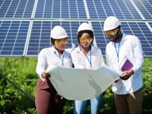 African american technician checks the maintenance of the solar