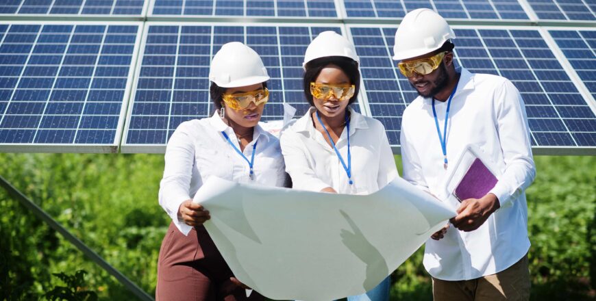 African american technician checks the maintenance of the solar